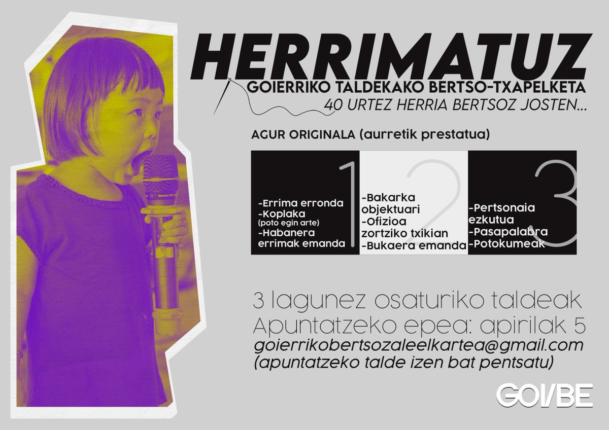 Adi bertsozale!
Aurten, Goierriko Bertsozale Elkartearen 40.urteurrena tarteko, Goierriko taldekako bertso txapelketa antolatu dugu. Bide horretan, ezinbestekoa izango da zuen laguntza eskualdea bertsorik bertso josten jarraitzeko!
Animatu!