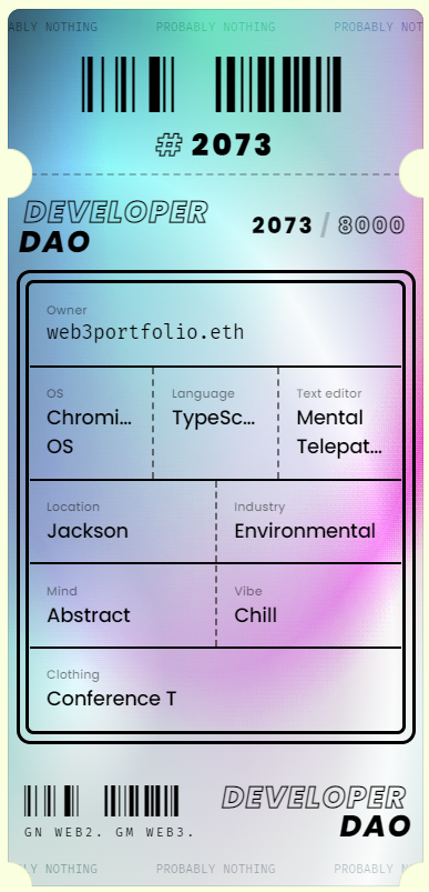 FugaziFinance's tweet photo. Joined @developer_dao GM from Dev#2073 

Never been a better time to learn and build #web3 🤝 

Check my ✨holographic✨ Dev here 👀➡️ https://t.co/FJrH7aHFB5
#probablynothing #holographicdev🌈 #devdao https://t.co/LNtLWO3tkg