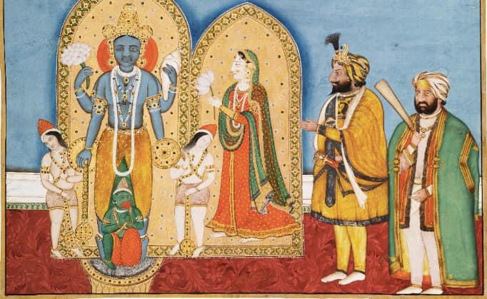 Image depicts Maharaja Gulab Singh receiving sword &amp; shield from Bhagwan Ram, signifying that Bhagwan Ram chose MGS to rule JK. The royal Dogra Jamwal dynasty trace their lineage to Ikshvaku kul &amp; Bhagwan Ram are their Kuldevta. A soldier statesman MGS also built many Temples.
