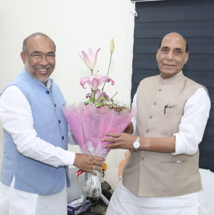 rajnathsingh's tweet photo. Met with one of the tallest leaders of the North East, Shri @NBirenSingh in New Delhi. 

He led the party from the front in one of the most memorable victories in the electoral history of Manipur. 

Wishing him the very best in fulfilling the aspirations of the people of Manipur. https://t.co/ysdX7BIQfw