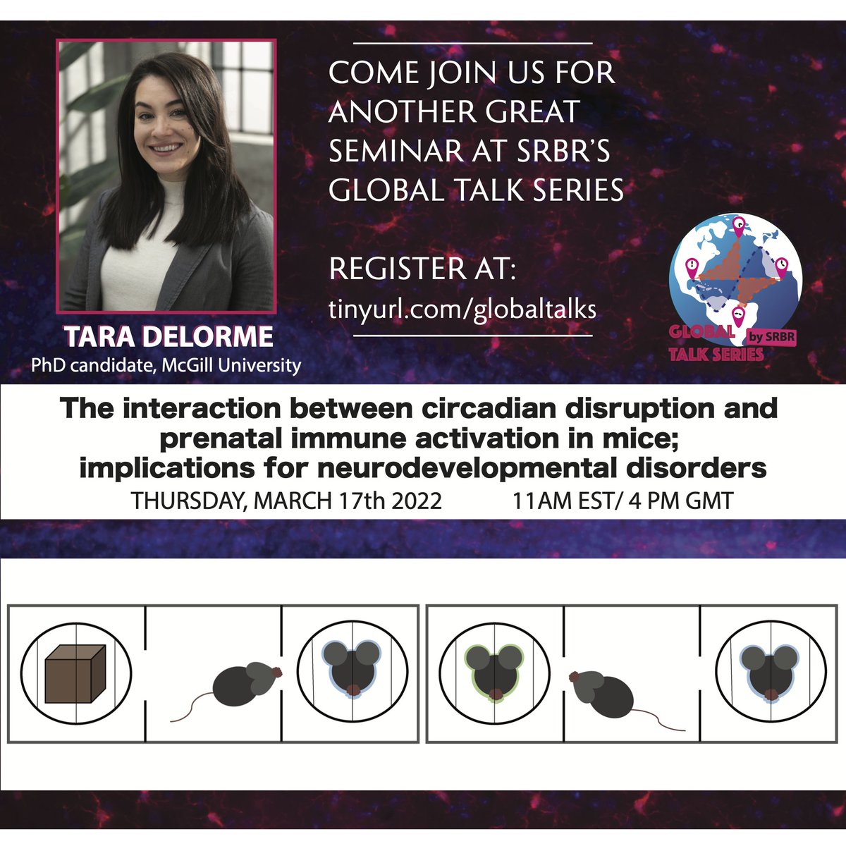 SRBR_Outreach's tweet photo. Another 2 weeks, another Thursday. It's time for #ClockTalks .
@TaraCDelorme will speak about interactions between the #clock and prenatal immunity, and Jihoon Kim will talk about central clock's role in social behavior.
Register @ https://t.co/Tj450LHOdY to join.
@nicodetr https://t.co/WuEjxMvfUi