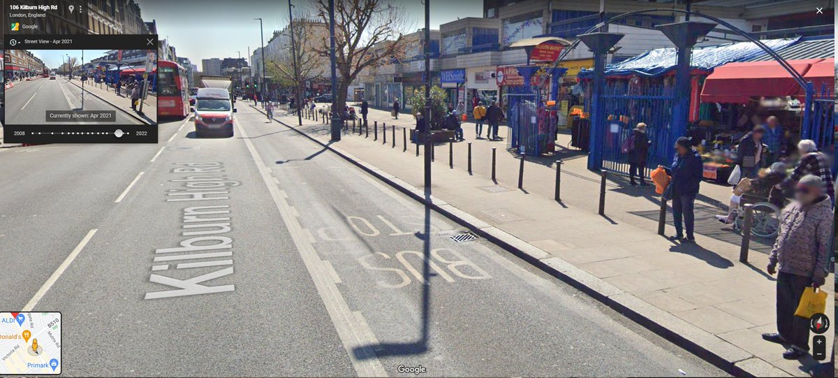 Bl00dnut78's tweet photo. @Brent_Council @CamdenCouncil @theJeremyVine 
the large ruts in the tarmac of the west side of Kilburn High Road are a massive risk to cyclists and pedestrians. I saw a lady trip over one yesterday while crossing - not long until there is a serious accident. https://t.co/eDNas4YJZ4