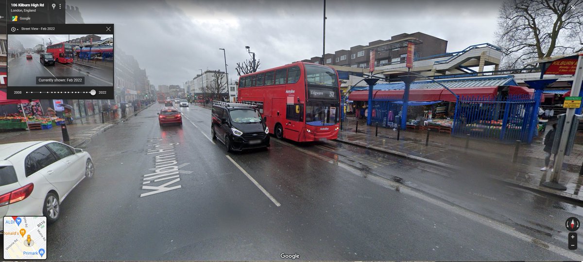 Bl00dnut78's tweet photo. @Brent_Council @CamdenCouncil @theJeremyVine 
the large ruts in the tarmac of the west side of Kilburn High Road are a massive risk to cyclists and pedestrians. I saw a lady trip over one yesterday while crossing - not long until there is a serious accident. https://t.co/eDNas4YJZ4