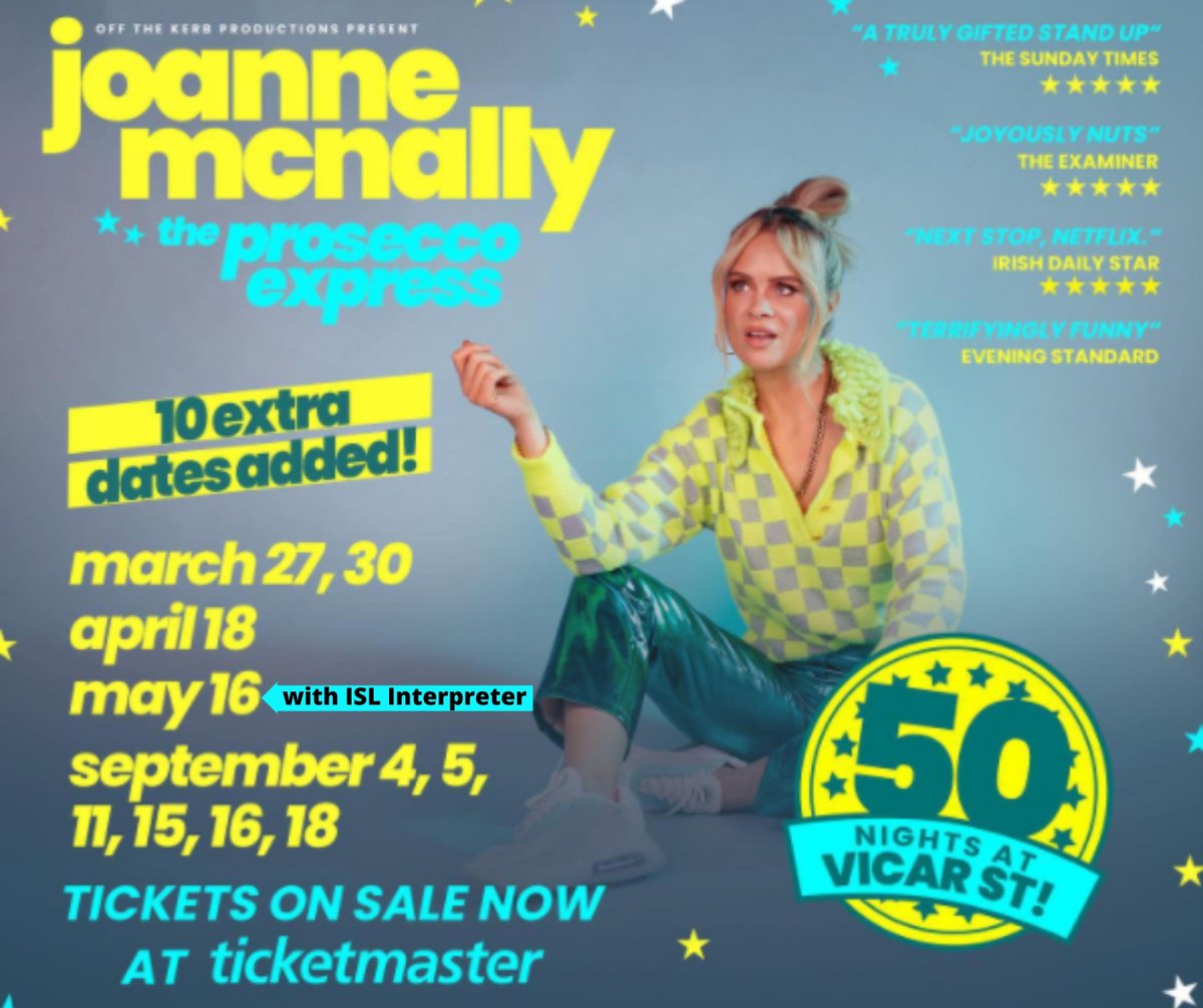 IrishDeafSoc's tweet photo. @jomcnally #theproseccoexpress tour in @Vicar_Street . Will have an ISL Interpreter during her May 16th Show.
May 16th
Mon 8:30pm
Dublin, D8 - Vicar Street
Joanne McNally - The Prosecco Express (ISL Performance)
Tickets: https://t.co/AJcGtVI21Q https://t.co/fk9c354YMz
