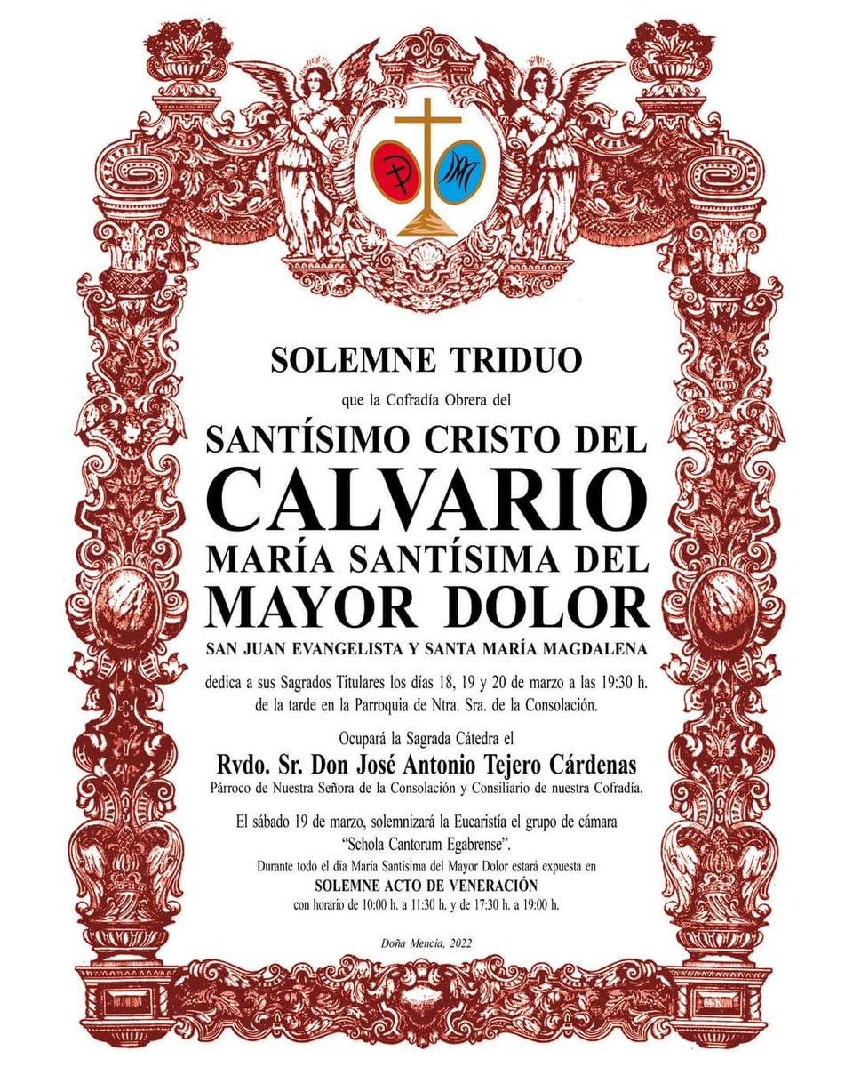 Cultos ✝️ 

Desde este viernes 18 y hasta el próximo domingo se celebrará el Triduo de la Cofradía Obrera del <a href="/CalvarioDM/">Calvario Info ©</a>.

Tras la Eucaristía del sábado se presentará el cartel de la Cofradía en la Casa de la Cultura por Francisco Antonio Plaza.

#DoñaMencía #Cuaresma2022
