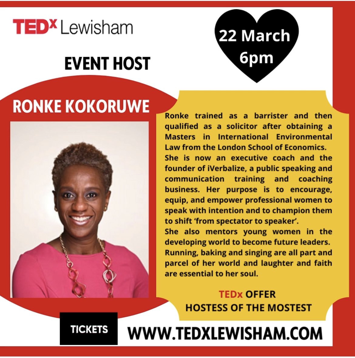 It’s a huge pleasure to announce our event host, Ronke Kokoruwe, Director of <a href="/iverbalize/">iVerbalize</a> &amp; an amazing public speaker 🗣

💛Our TEDx event theme is Love and Empowerment 💛

We look forward to seeing you then 🤩

tedxlewisham.com