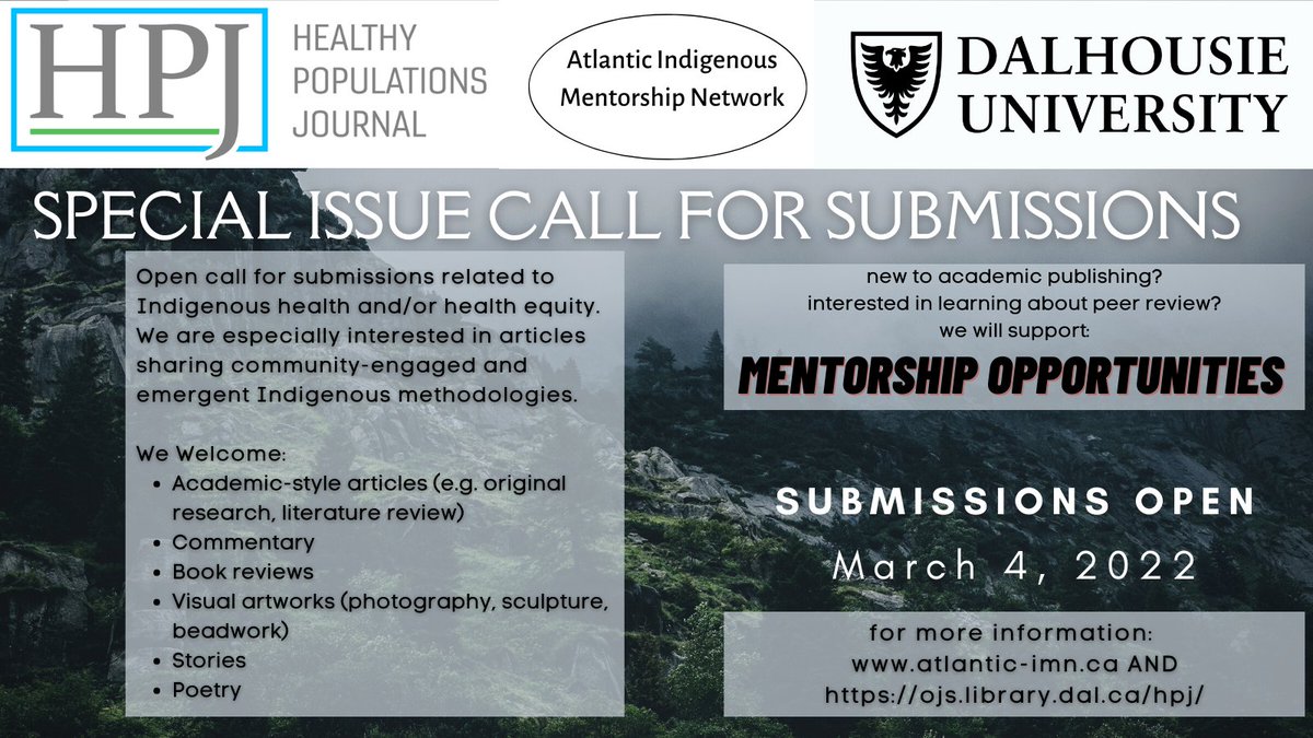 Atlantic-IMN (@atlantic_imn) on Twitter photo Call for submissions! We have partnered with <a href="/DalHPJ/">Healthy Populations Journal</a> for a special issue on Indigenous health/health equity. Deadline to submit is Aug 31. Find out more info below and share widely!
atlantic-imn.ca/about-1
ojs.library.dal.ca/hpj Call for submissions! We have partnered with <a href="/DalHPJ/">Healthy Populations Journal</a> for a special issue on Indigenous health/health equity. Deadline to submit is Aug 31. Find out more info below and share widely!
atlantic-imn.ca/about-1
ojs.library.dal.ca/hpj