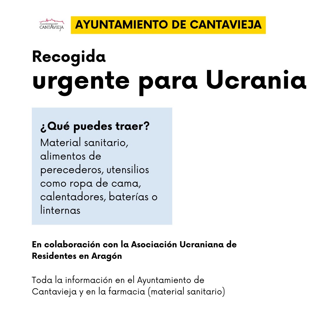 🇺🇦 El Ayuntamiento de Cantavieja informa: 

▶️ Recogida solidaria urgente para Ucrania

⬇️ Toda la información en la imagen adjunta⬇️