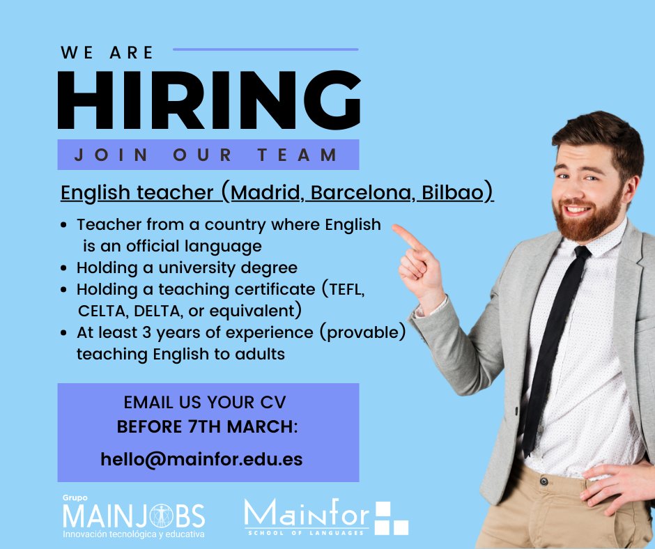 MainforEnglish's tweet photo. Buscamos docentes autónomos británicos, americanos o de un país con inglés como lengua oficial.

Se solicitarán copias compulsadas de la titulación y la nacionalidad, además de los documentos que demuestren la experiencia acreditada

#teaching #work #job #english #englishteacher https://t.co/9oxoXcH6eS