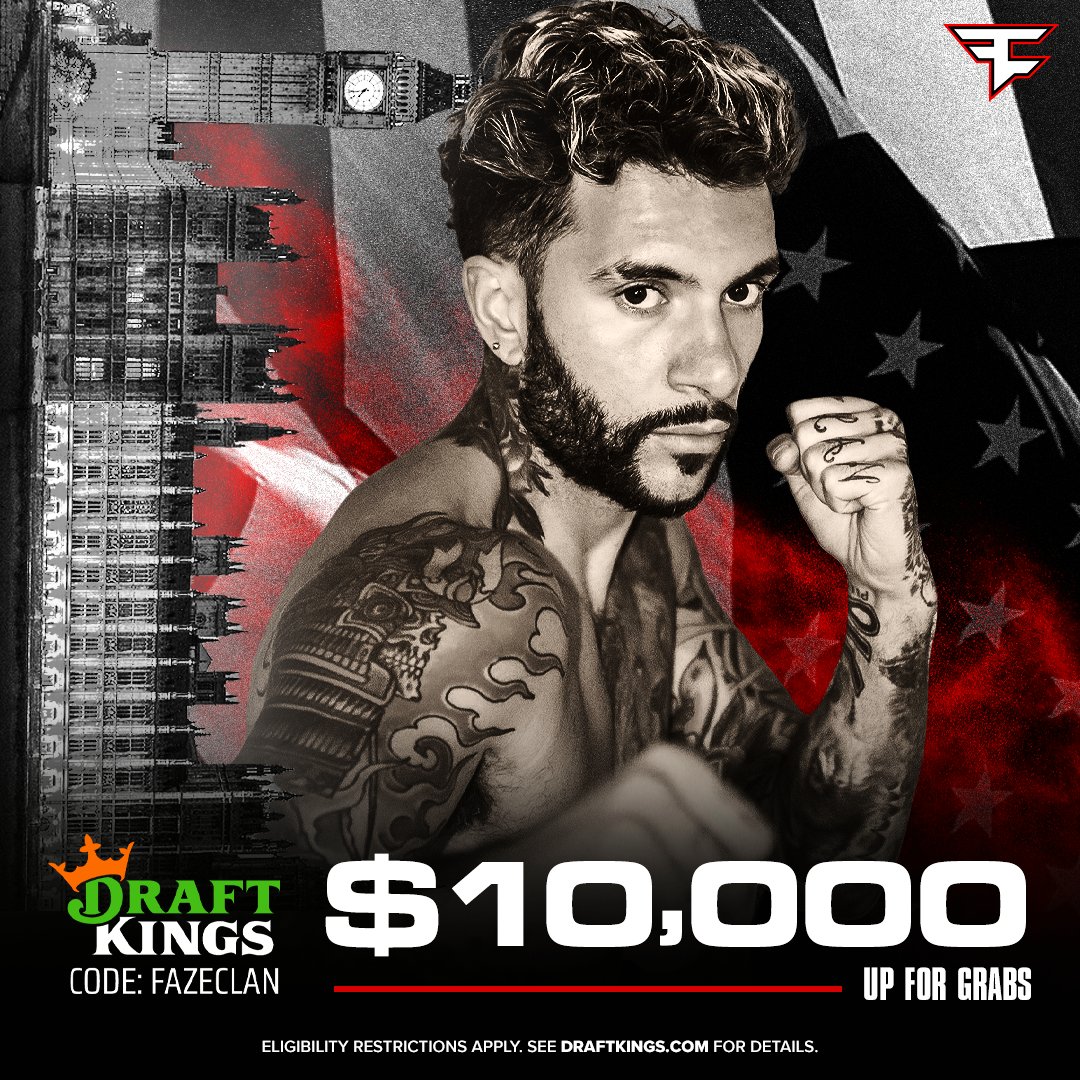FaZeClan's tweet photo. Ride with the man @Temperrr on fight night 🥊

Jump on @DraftKings for your shot at a share of $10K this Saturday

#DKPartner | https://t.co/MeUbD5I4gi https://t.co/LXyH27TngD