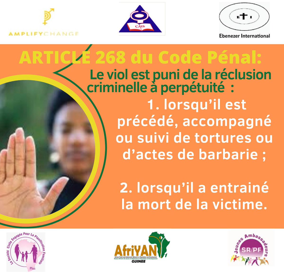 jasrpfguinee's tweet photo. ARTICLE 268 du Code Pénal:

Le viol est puni de la réclusion criminelle à perpétuité :
1. lorsqu'il est précédé, accompagné ou suivi de tortures ou d'actes de barbarie ;
2. lorsqu'il a entrainé la mort de la victime.
#HalteVBG 
#AmplifyChance https://t.co/ke8HOc2IW5
