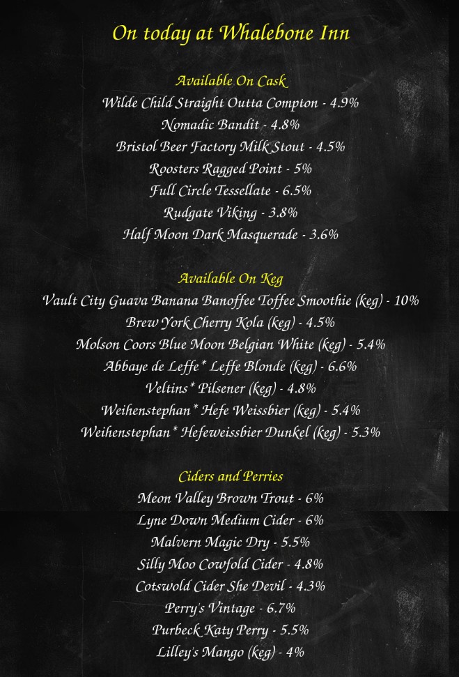 Whalebone Inn (@whalebonehull) on Twitter photo On the bar today!
Beer Board: goo.gl/s6eqjw
<a href="/WildeChildBeer/">WildeChildBrewingCo.</a> @NomadicBeers <a href="/BrisBeerFactory/">Bristol Beer Factory</a> <a href="/RoostersBrewCo/">Rooster's Brewing Co</a> <a href="/fullcirclebrew/">Full Circle Brew Co</a> <a href="/rudgatebrewery/">Rudgate Brewery</a> <a href="/halfmoonbrewery/">Half Moon Brewery</a> <a href="/HullCAMRA/">Hull & EY CAMRA</a>
#RealAleFinder On the bar today!
Beer Board: goo.gl/s6eqjw
<a href="/WildeChildBeer/">WildeChildBrewingCo.</a> @NomadicBeers <a href="/BrisBeerFactory/">Bristol Beer Factory</a> <a href="/RoostersBrewCo/">Rooster's Brewing Co</a> <a href="/fullcirclebrew/">Full Circle Brew Co</a> <a href="/rudgatebrewery/">Rudgate Brewery</a> <a href="/halfmoonbrewery/">Half Moon Brewery</a> <a href="/HullCAMRA/">Hull & EY CAMRA</a>
#RealAleFinder