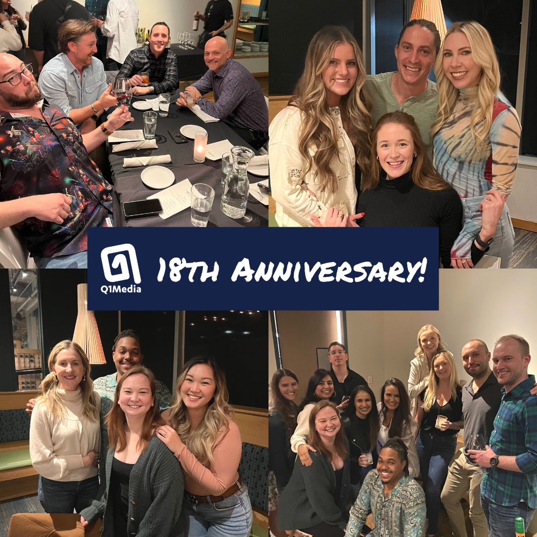 Today is the 18th anniversary of the founding of Q1Media! We are incredibly grateful for our founders, Bill Wiemann &amp; Matt Bentley, as well as each and every member of our team. Our people are the heart of this organization &amp; we truly couldn’t do this without them. Cheers to 18!