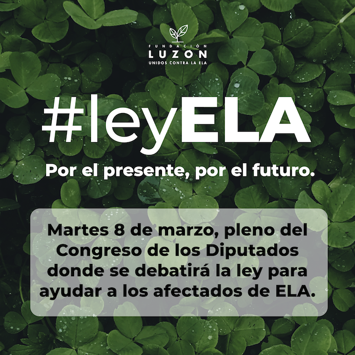 El próximo martes, 8 de marzo, el pleno del Congreso de los Diputados debatirá la Ley para ayudar a pacientes de ELA. 

Por eso, desde el viernes 4 hasta entonces, os animamos a usar en redes sociales el hashtag #LeyELA .

POR EL PRESENTE, POR EL FUTURO.

🍀#LeyELA