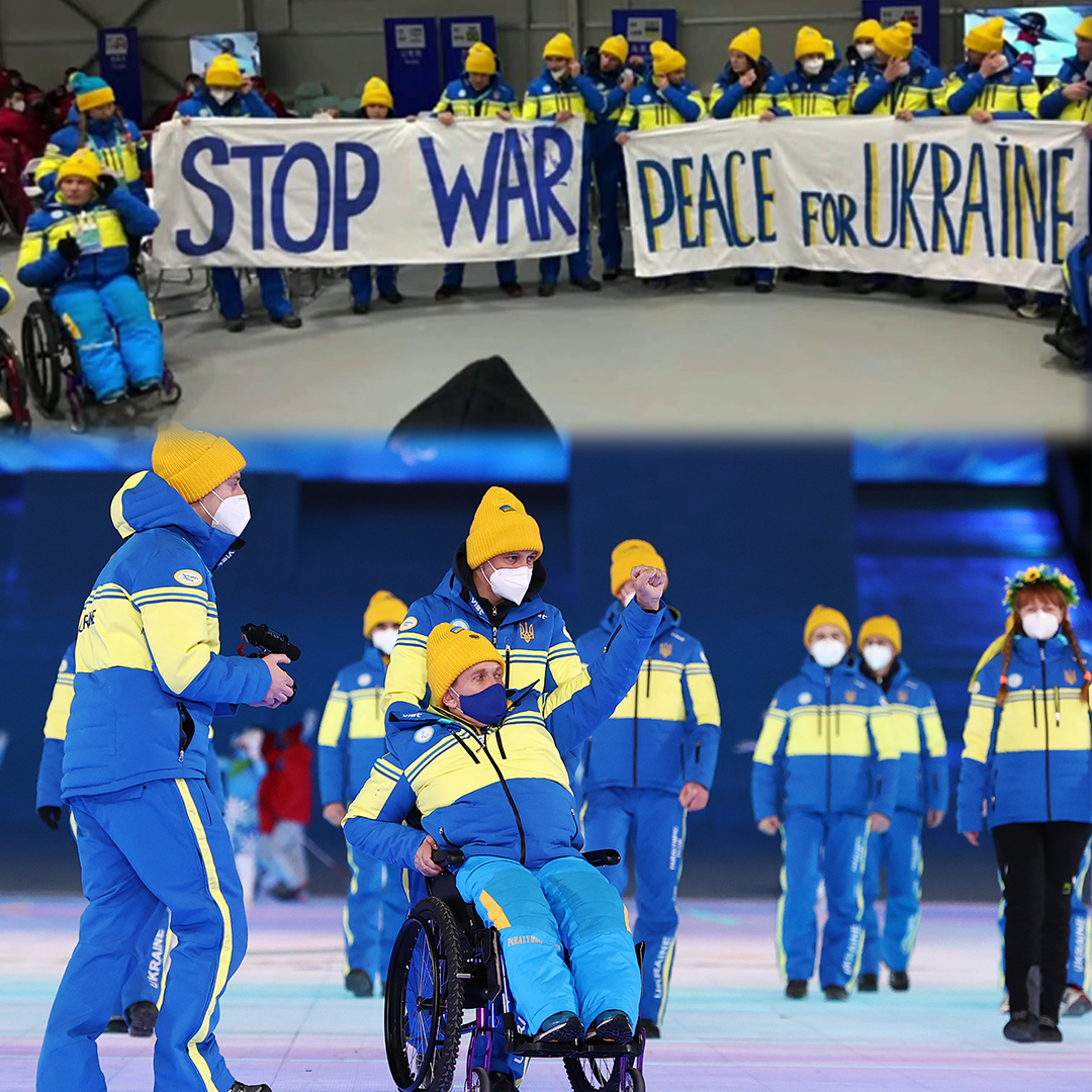 NBCOlympics's tweet photo. Prior to the Opening Ceremony, the Paralympic Athletes of Ukraine held up a sign with the words "Stop War. Peace for Ukraine."

At least three athletes held a fist in the air during the Parade of Nations. #WinterParalympics https://t.co/51LAWUv9mS