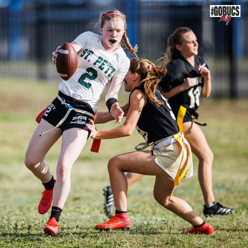 Buccaneers's tweet photo. Our preseason event, the largest girls flag football tournament in the country, helps kick off the Florida High School Athletic Association flag football season, which officially begins play on Monday.

@AdventHealth | #GoBucs