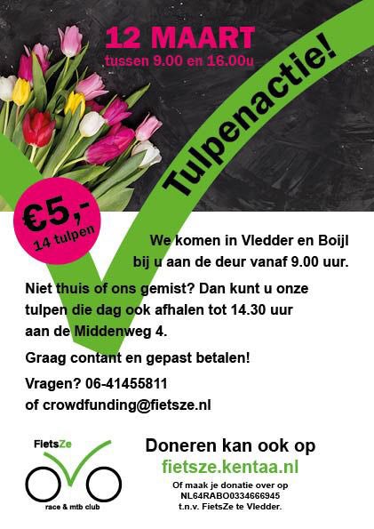 Haalt u ook graag het voorjaar in huis? 

Wij maken het u gemakkelijk, wij komen 12 maart met prachtige gekleurde tulpen aan de deur! Woont u niet in Vledder of Boijl dan kunt u deze dag wel 🌷 🌷 kopen aan de Middenweg 4! #crowdfunding #mtb #goeddoel