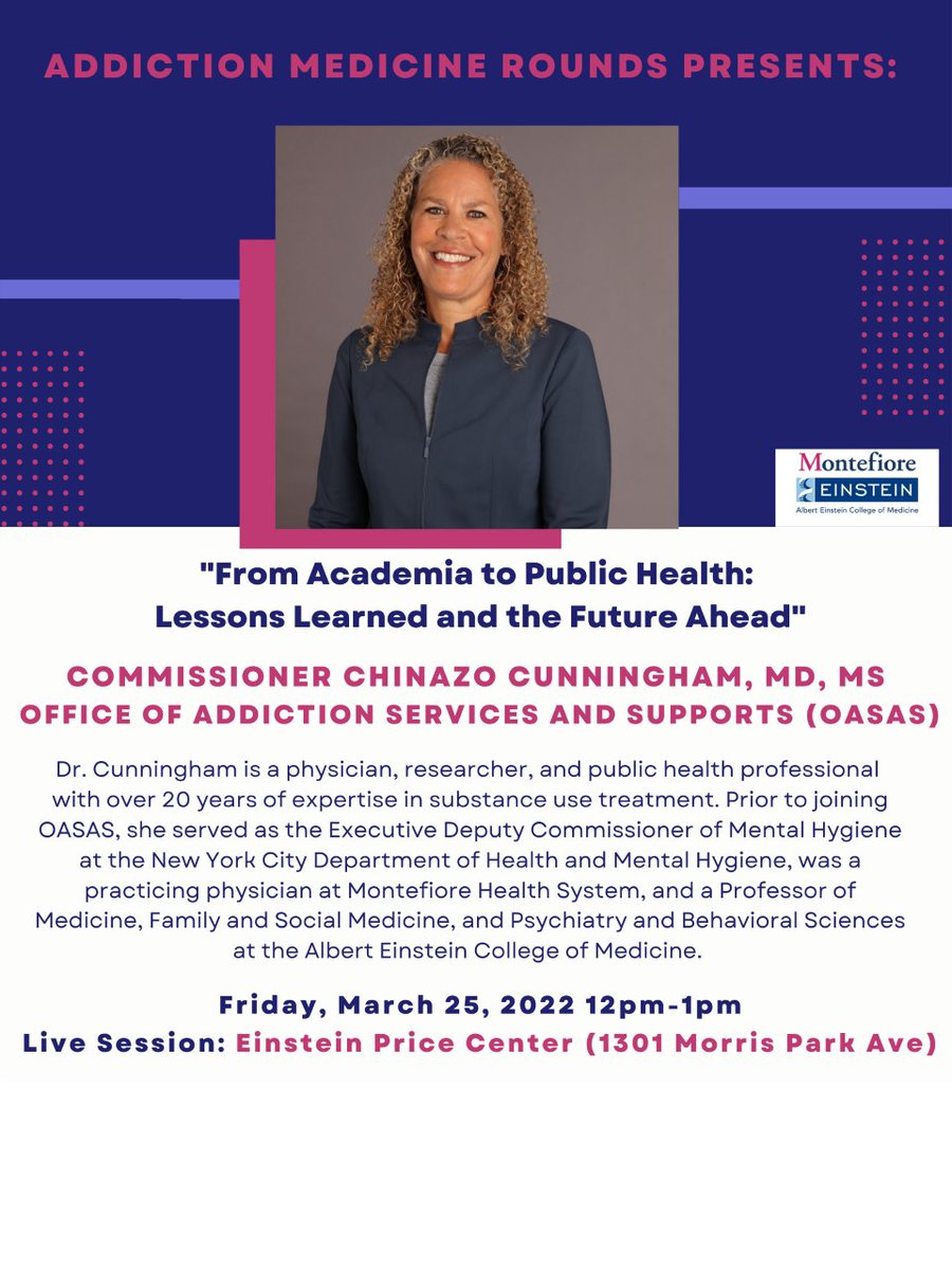 MontePCSIM's tweet photo. Save the date for the next @MonteAddMed Rounds with @DrChinazoOASAS. Learn about her amazing journey from Academia to Public Health.
#AddMed #Harmreduction #treatment #recovery https://t.co/sxtIvk6z1s