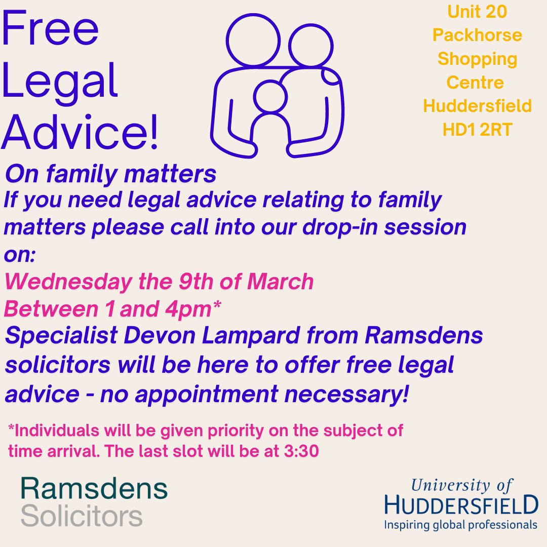 FREE legal advice drop-in on family law, Wednesday the 9th of March from 1-4pm. Specialist Devon Lampard from @RamsdensFamily <a href="/RamsdensLLP/">Ramsdens Solicitors LLP</a> will be offering advice on family matters. No appointment needed, come see us <a href="/PackhorseSC/">The Packhorse Centre</a> !