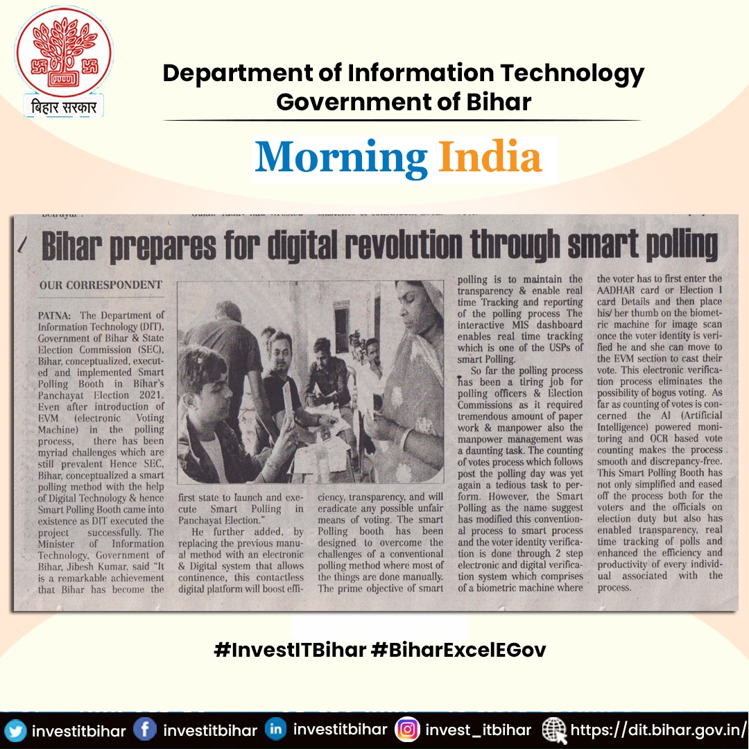 investitbihar's tweet photo. 💻The Hon’ble Minister of Information Technology, Government of Bihar, Shri @JIBESHKUMARBIH, said “It is a remarkable achievement that Bihar has become the first state to launch and execute #SmartPolling in Panchayat Election.” Coverage by @MorningIndia1
#BiharExcelEGov https://t.co/mP1wdMd2er