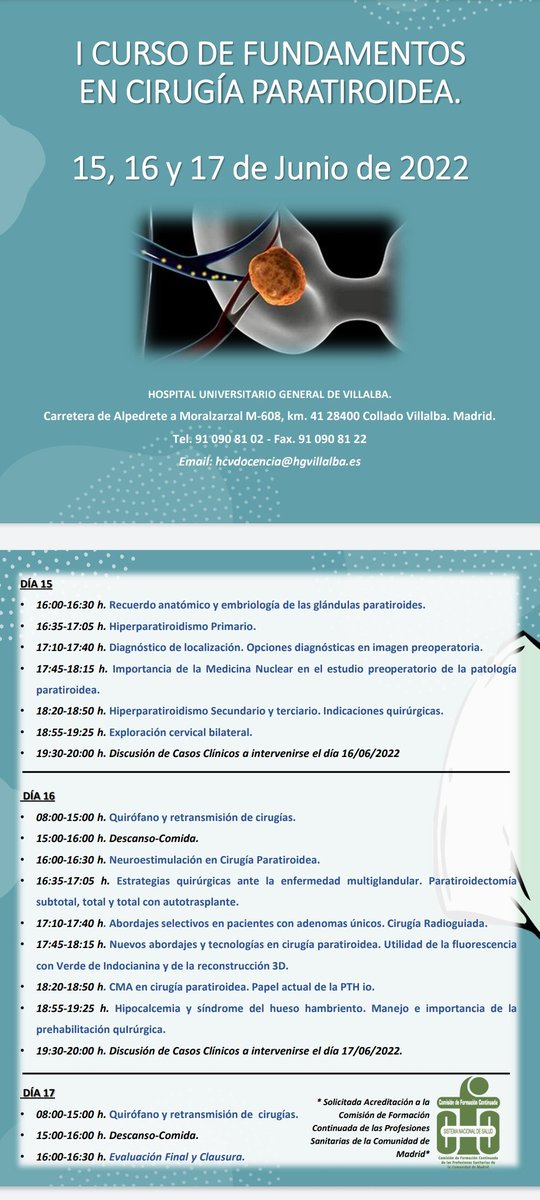 h_guadalajara's tweet image. 15,16 y 17 de Junio en el @Hosp_Villalba: I Curso de Fundamentos en Cirugía Paratiroidea @CirujanosMad @IreneOS84 @Marilusdmr @SalidoSergio