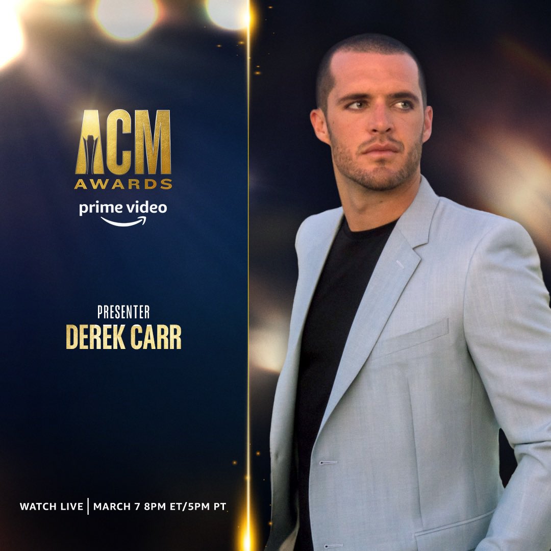 derekcarrqb's tweet photo. So excited to announce that I will be presenting at this year’s @ACMawards 🎤 at @AllegiantStadm. Stream the show LIVE this Monday at 8pm ET/5pm PT, only on @PrimeVideo ✨🎶#ACMawards https://t.co/qnldMvefBJ