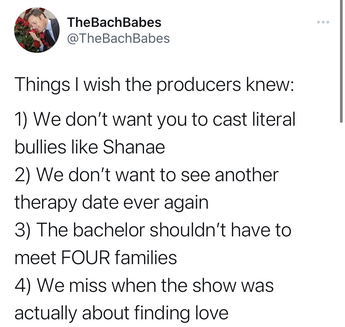 TheBachBabes's tweet photo. A complete summary of requests for Bachelor producers:

#TheBachelor https://t.co/yqVsTqUnTJ