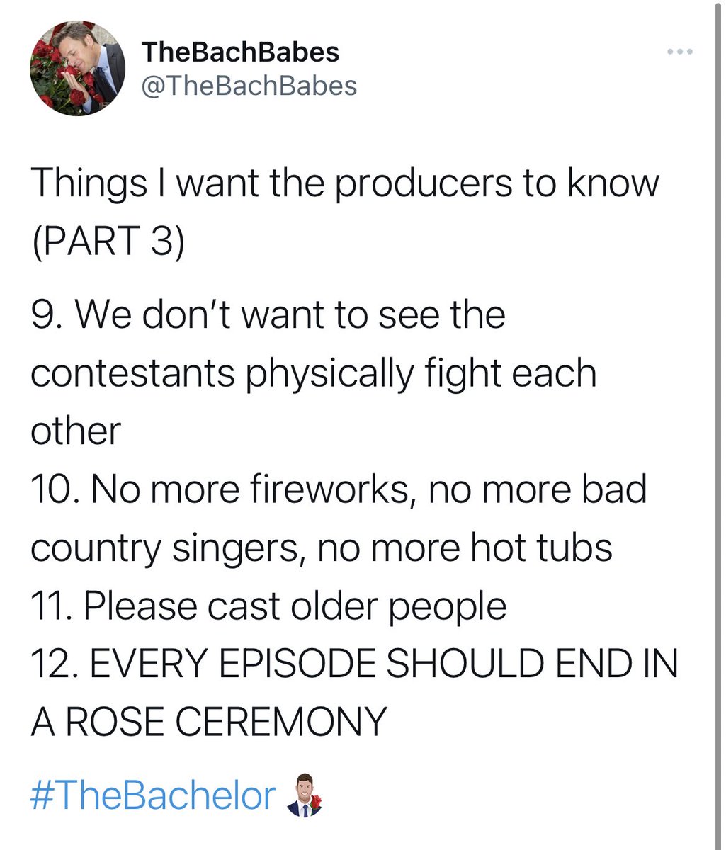 A complete summary of requests for Bachelor producers:

#TheBachelor