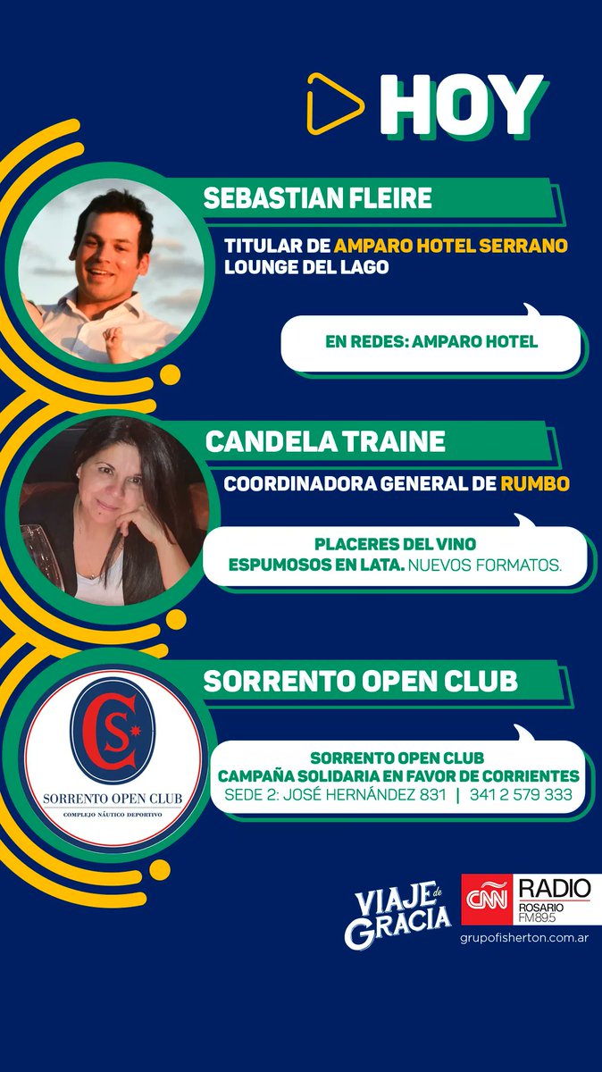 #HOY en #VDG
▶️  Seba Fleire trae novedades de Amparo Hotel Serrano
▶️  Candela Traine nos deleita con su columna "Seré tu rumbo en la ciudad"
▶️  Sigue la colecta solidaria de <a href="/Sorrentoopen/">Sorrentoopenclub</a> a favor de corrientes
#corrientes #colecta #hotel #amparohotel #vinos #espumosos
