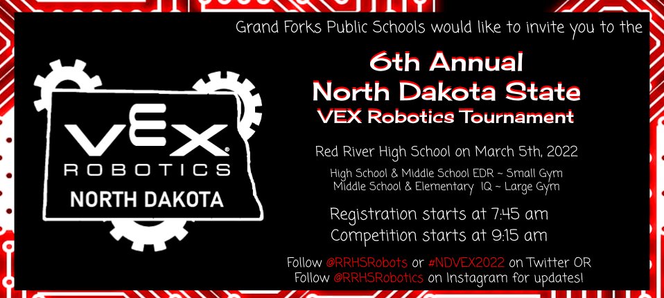 VEX STATE IS FINALLY HERE! Join us tomorrow at Red River HS to watch your elementary through high school kiddos compete! We are bringing back our 50/50 raffle &amp; live streaming on the NDVEX YouTube Channel! Come cheer on your kiddos! <a href="/RRHSactivities/">Red River High School Activities</a> <a href="/GFSchools/">Grand Forks Public Schools</a> <a href="/GFisCooler/">GF is Cooler</a>