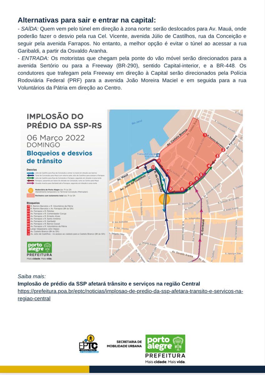 Implosão de prédio da SSP afetará trânsito e serviços na região Central. Para garantir a segurança da população, uma área no raio de 300 metros do prédio será evacuada e isolada. 

Confira mais informações nos cards abaixo e no link: bit.ly/3vDQDwh