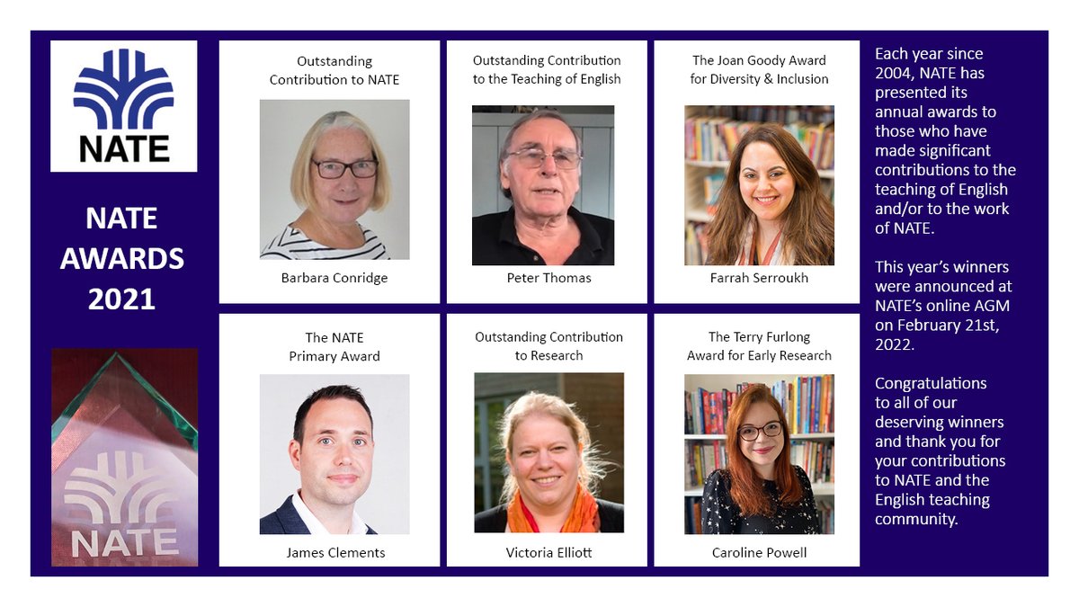 NATEfeed's tweet photo. Congratulations to our 2021 NATE Award winners, including @MrJClements @PeterThomas1607 @veldaelliott @storyriver @clpe1 https://t.co/ntcidAYUGm