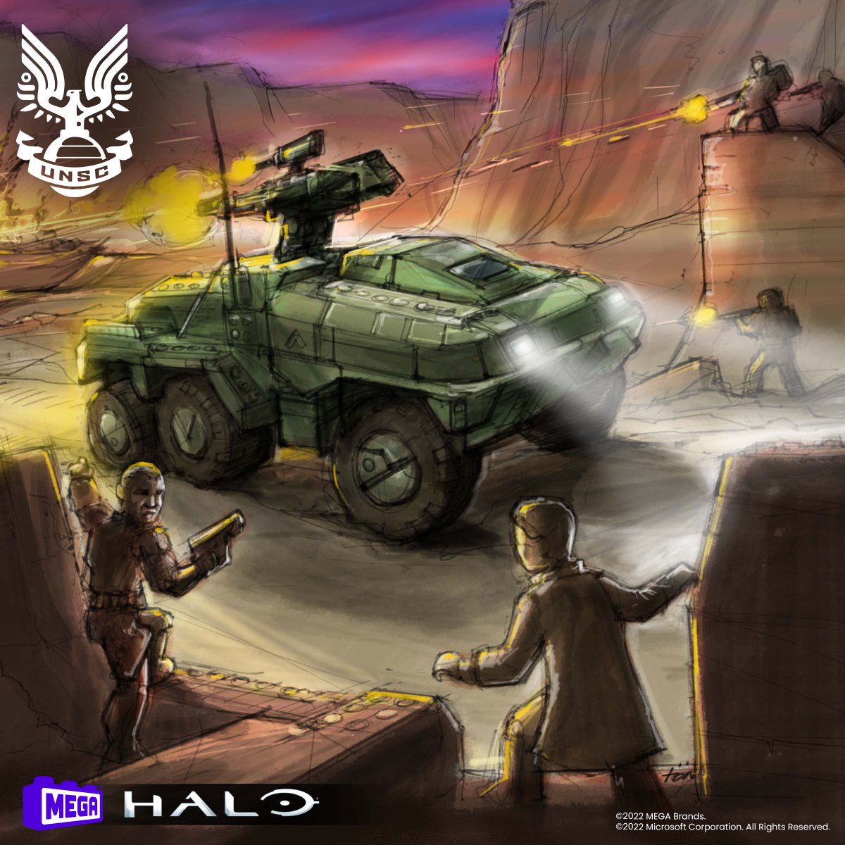 Help choose our next Halo building set with the #MEGAHaloFanVote! Option no. 1 – UNSC Cougar. Our design will feature a large troop carrier. Sgt. Forge and Prof. Anders will be included in the set, but who else should come along for the ride? Voting opens Saturday!