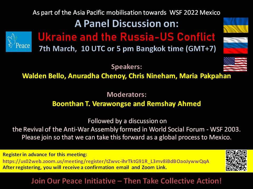 AsiaSocialforum's tweet photo. @WaldenBello from Focus will be one of the speakers for the panel discussion on "Ukraine and the Russia-US Conflict", 

🗓: 7 March 2023
⌚️: 10:00 am GMT| 5:00 pm BKK| 3:30 pm IST

Register here👇
https://t.co/XF1M9J12eF https://t.co/HhXrnnTOyQ