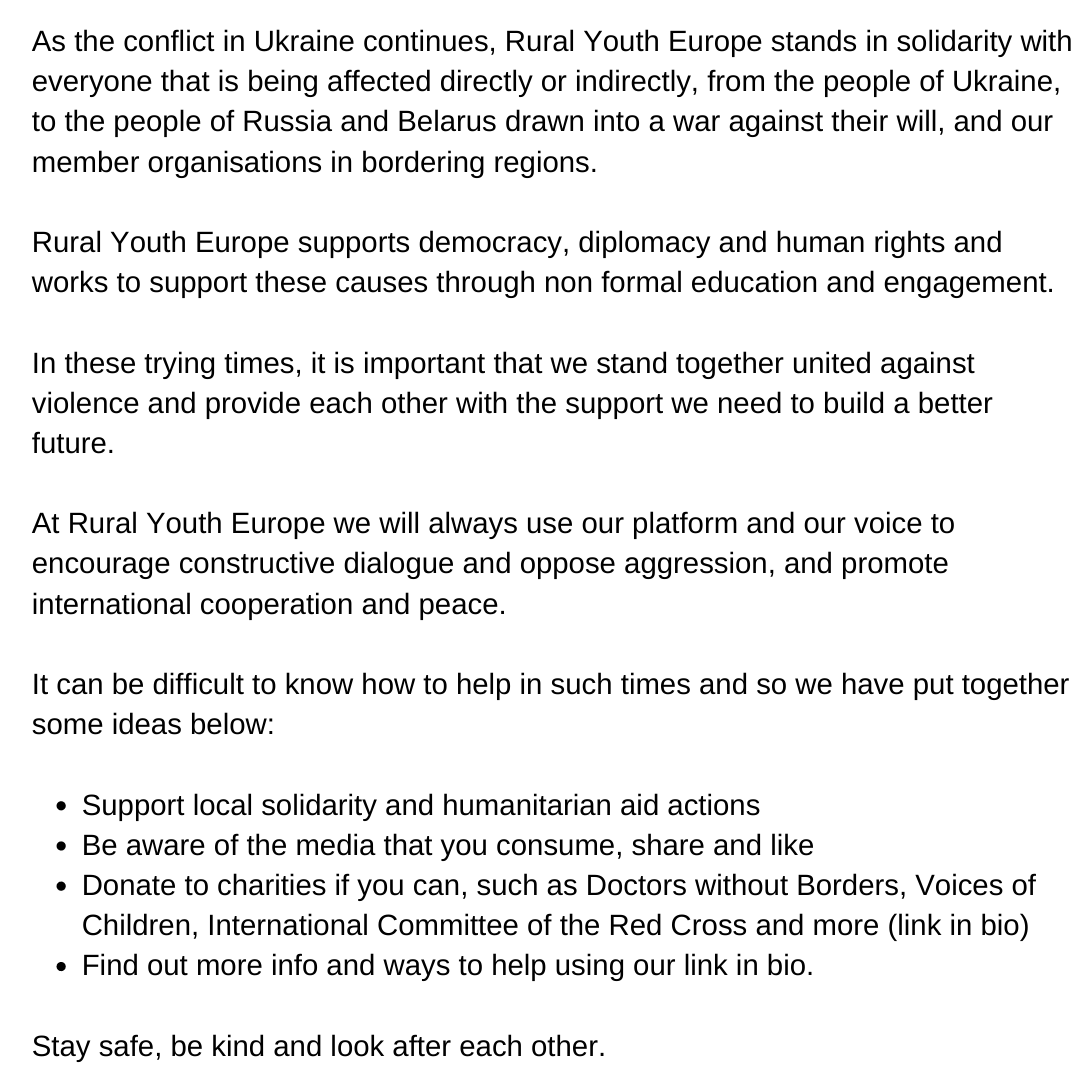 RYEurope's tweet photo. Have a read of our statement below regarding recent events in Ukraine and here you will find more information about how you can help: https://t.co/U6Jh8LYZ55 

#WeAreRuralYouth  #StopWar #StandWithUkraine #WorkForPeace #StrongerTogether https://t.co/K9ARTFuH10