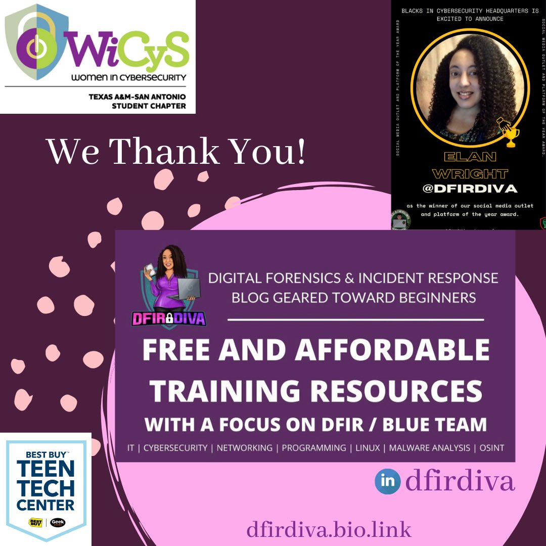 ScorpVayne's tweet photo. My #FF
Thank you to these lovely ladies &amp; men in #Cybersecurity for helping to contribute from far away to the @BestBuy Teen Tech Women in Cybersecurity conference that @WiCyS_tamusa is hosting a workshop &amp; panel in! #bridgingTheGap @DfirDiva 

https://t.co/OT4zsLVf3W https://t.co/vpRZ7YDVPv