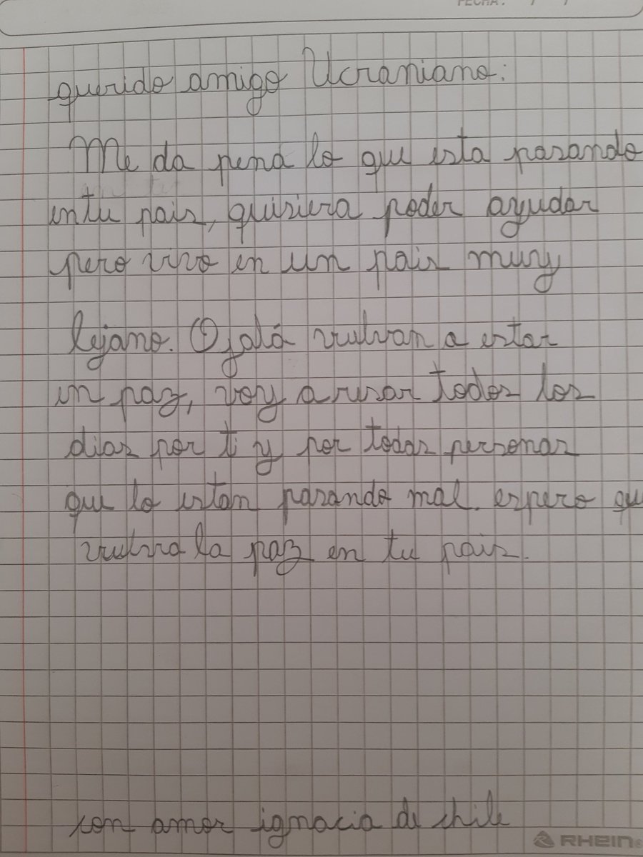 Nos unimos en oración por la Paz en Ucrania. No a la guerra, no a la violencia en ningún lugar del mundo.
Compartimos...carta escrita por un estudiante 3° Básico de nuestro colegio...