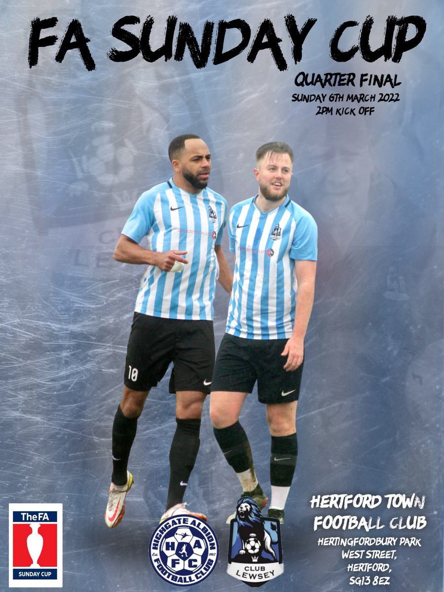 🚨 Final Reminder 🚨 

National Cup Quarter Final this Sunday 

 vs <a href="/Official_HAFC/">Highgate Albion FC</a> 
🏟 <a href="/HertfordTownFC/">Hertford Town FC</a> 
⏰ 14:00
🏆 <a href="/FASunday_Cup/">FA Sunday Cup</a> 
 📅 06/02/2022

If you’ve got a free Sunday get down and show the lads your support, beers back at the club as always win, lose or draw.