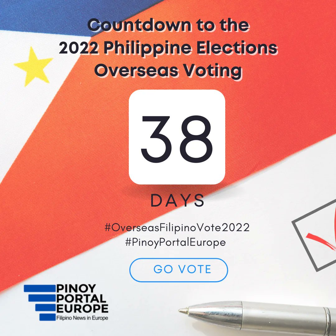 PinoyPortalEU's tweet photo. It's 38 days to go before you can vote in the 2022 Philippine elections.
Vote wisely!
#MigrantVoteMatters
#OverseasFilipinoVote2022
#PinoyPortalEurope https://t.co/GZEb8tXfRT