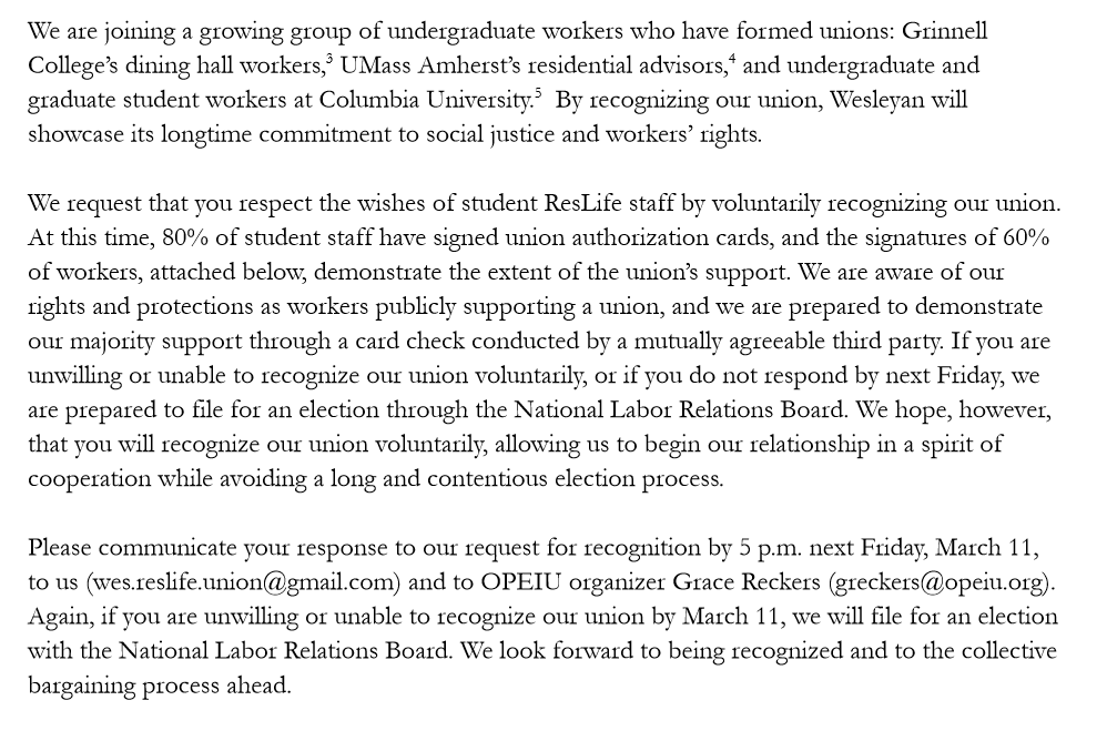 wes_USE's tweet photo. We have submitted our request for voluntary recognition! If @wesleyan_u refuses, or if we don't hear from them by 5 PM next Friday, March 11, we will file for an election with the National Labor Relations Board. https://t.co/K3lY71vc2q