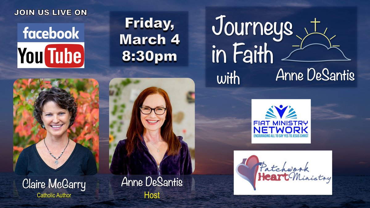 I'd be honored if you tuned in tonight, 3/4/22 at 8:30 ET, for <a href="/journeyinfaith2/">Journeys in Faith with Anne DeSantis</a> with <a href="/AnneDeSantis2/">Anne DeSantis</a>. Anne is such an encouraging and kind host. Watch at @fiatministrynet and Patchwork Heart Ministry.
#graceintension #annedesantis #journeysinfaith #fiat
