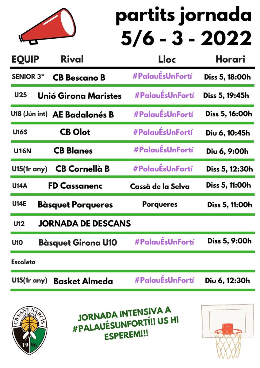 🗓Calendari de partits #CBSN d’aquest cap de setmana‼️ 

➡️ Senior 3a vol fer-se fort a #PalauÉsUnFortí i seguir a la part mitja-alta

➡️U25 rep el líder imbatut de la categoria en una bona dinàmica per ells

➡️ Doble jornada de l’U15 per tancar la 1a fase! 

#PalauÉsUnFortí