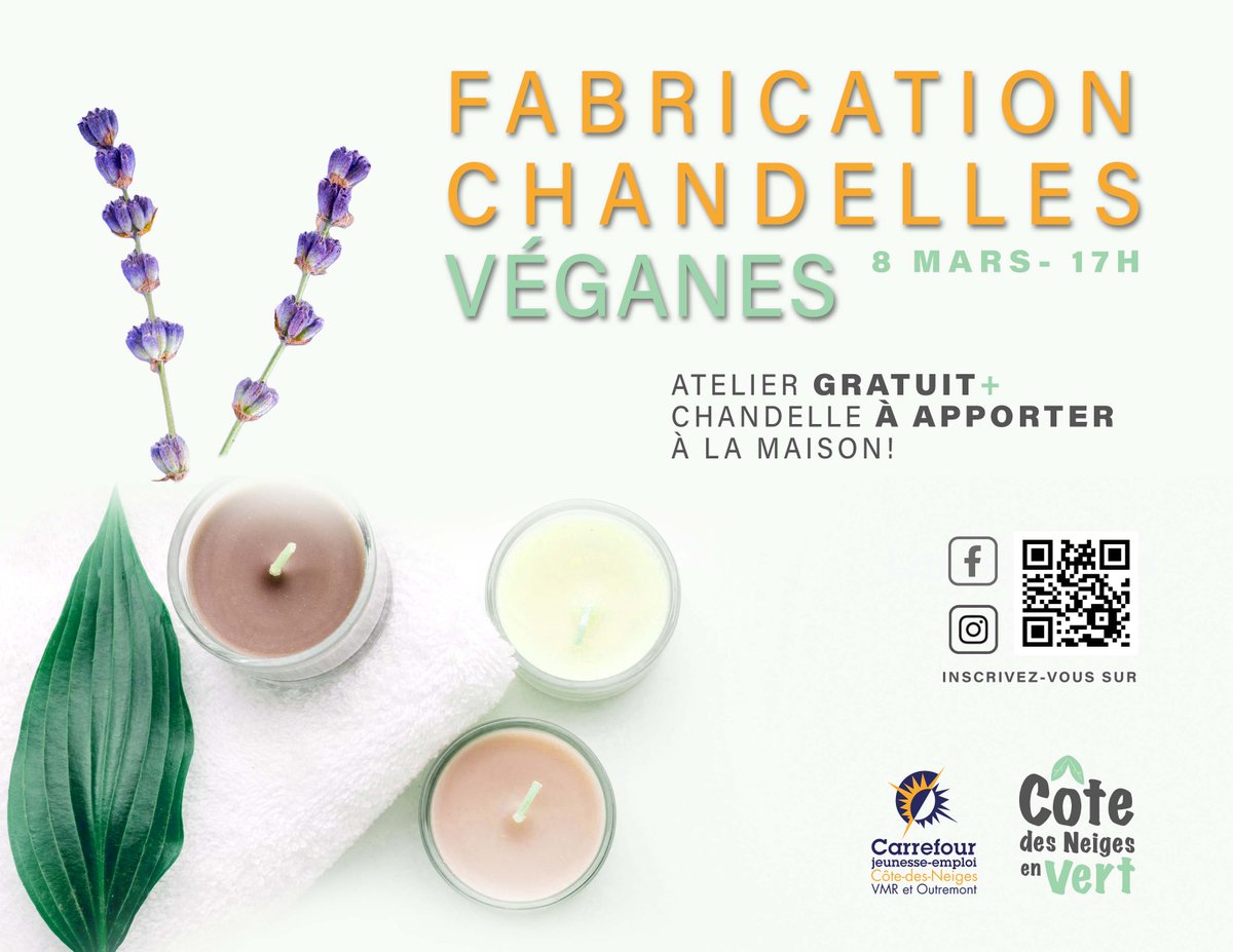 Atelier gratuit de fabrication de chandelles véganes au CJE de Côte-des-Neiges ! 
Inscription obligatoire avant le 8 mars sur notre page Facebook : facebook.com/CJECDN
ou 
Instagram : instagram.com/cjecdn/

#candles #vegan