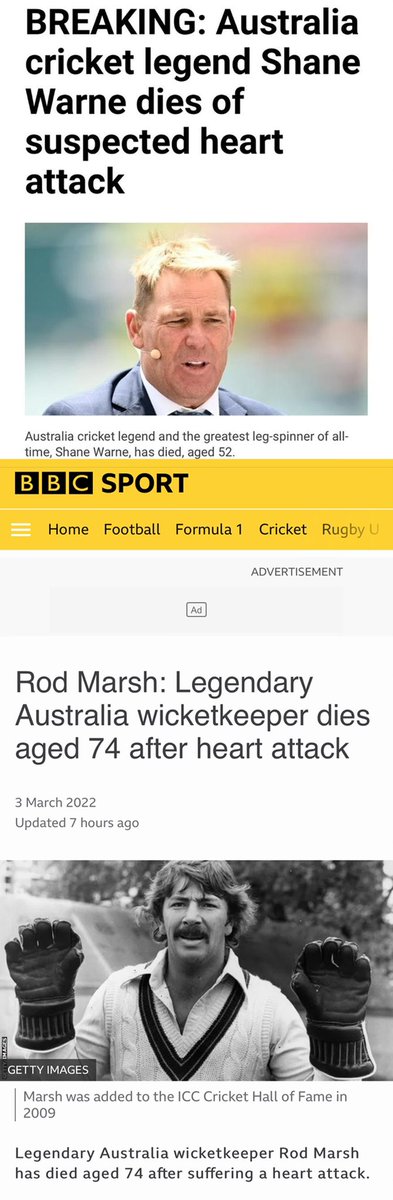 HighlandsScott's tweet photo. Everyone thinking it but off course asking the question that’s on everyone’s lips will invoke not an intelligent discussion but only angry denial that the mRNA 💉 had nothing to do with these 2 Cricketer legends suffering heart attacks 💔💔
#itsafairquestion
RIP Gents 🏏 🏏 https://t.co/HKpsZnKgik