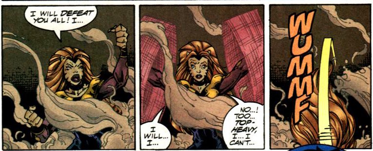 Her breasts are so large, she can easily fall over without help.

Do with that what you will.