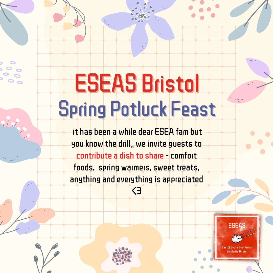 eseasbristol's tweet photo. 🌸 Spring Welcome Potluck Feast 🌸

ESEA friends &amp; fam - you've been missed! 😭 We've got lots of catching up to do, new people to welcome, news to share &amp; futures to shape together.

So join us for our 1st potluck of the year! 🍛🍜🍲🍮🧁

🎫 Register at https://t.co/e2ey6LQh4h https://t.co/tXKFRmPAU7