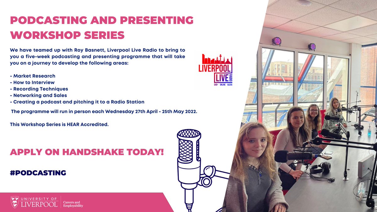 alison_pountney's tweet photo. Are you a @LivUni student or recent grad who wants to learn how to create a podcast? @RoyBasnett will be leading this workshop series with special guests! Apply on Handshake today! https://t.co/FD8AcpYPoF #enterprie #sidehustle #studentsuccess #teamlivuni https://t.co/BxGSDujSaY
