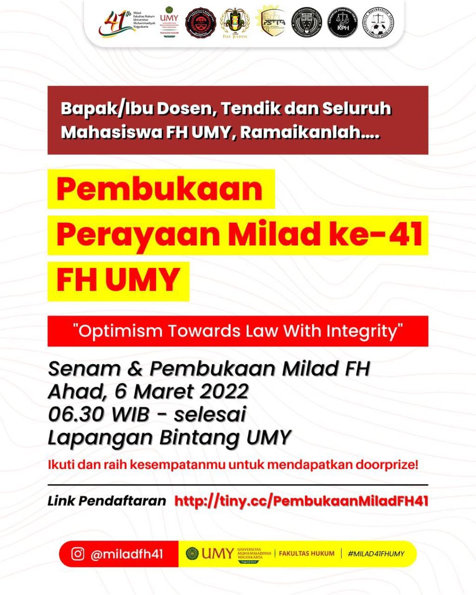 Salam Justisia!! 

Untuk merayakan milad FH UMY ke 41, fakultas hukum umy mengadakan senam bersama nih, eeeiiitt jangan khawatir, setelah berkeringat tentu saja akan ada banyak doorprize menunggu lhoo

AYOO IKUTI DAN RAMAIKAN!!

#miladFHUMY #fhumy #FH #FH41 #fakultashukumumy ✨