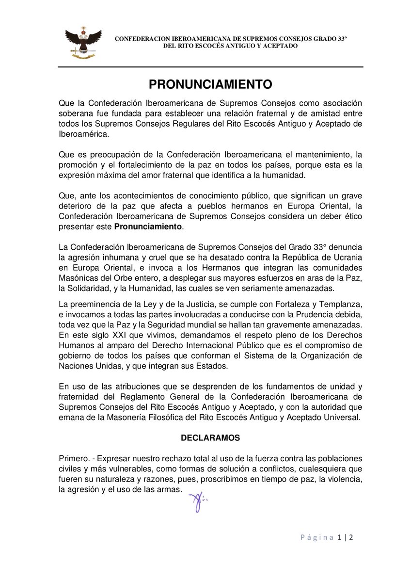 scg33esp's tweet photo. Pronunciamiento emitido por la Confederación Iberoamericana de Supremos Consejos del Grado 33 del R.·.E.·.A.·.A.·.  #PazEnUcrania https://t.co/ELakcnY422