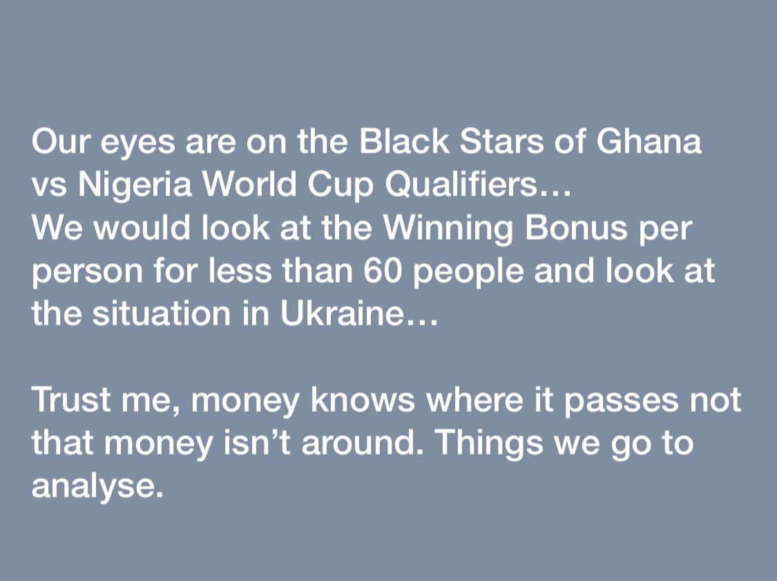 AgyemangDr's tweet photo. “Our eyes are on the Black Stars Of Ghana vs Nigeria World Cup Qualifiers. We look at the Winning Bonus per Person for less than 60 people and look at the Situation in Ukraine.” - Benjamin
#SaveSumyStudent https://t.co/hOlwshtGSE